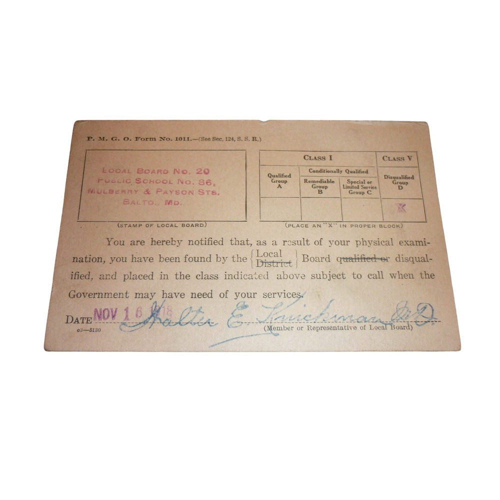 Vintage 1918 WWI War Dept Draft Notification Card Baltimore MD Local Board 20